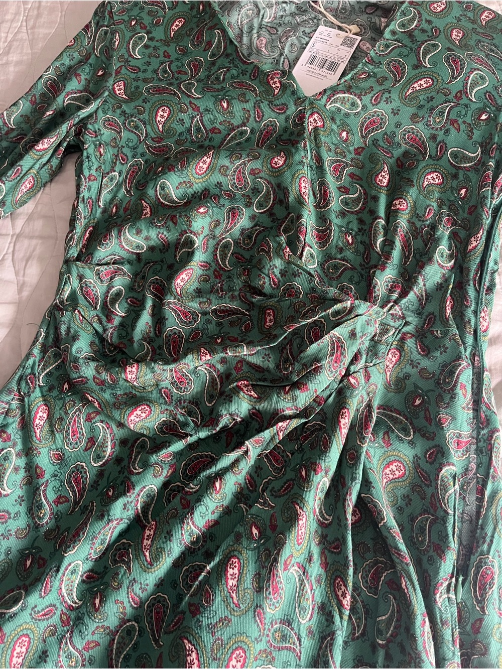 NEW Mango Green Paisley V-Neck Long Sleeve Wrap Dress - Small - Picture 8 of 9